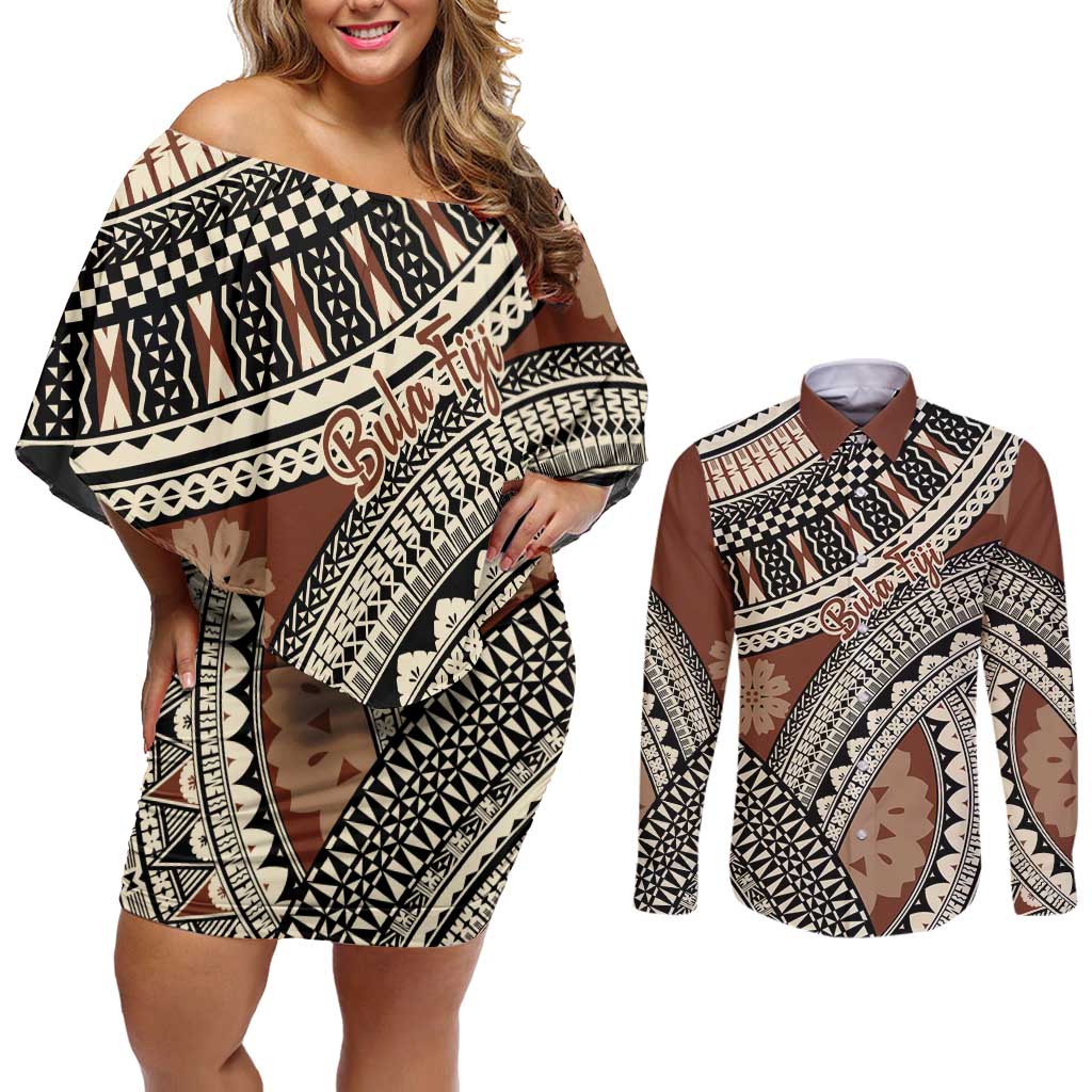 Bula Fiji Classic Masi Tapa Couples Matching Off Shoulder Short Dress and Long Sleeve Button Shirt Vintage Brown LT7 Brown - Polynesian Pride