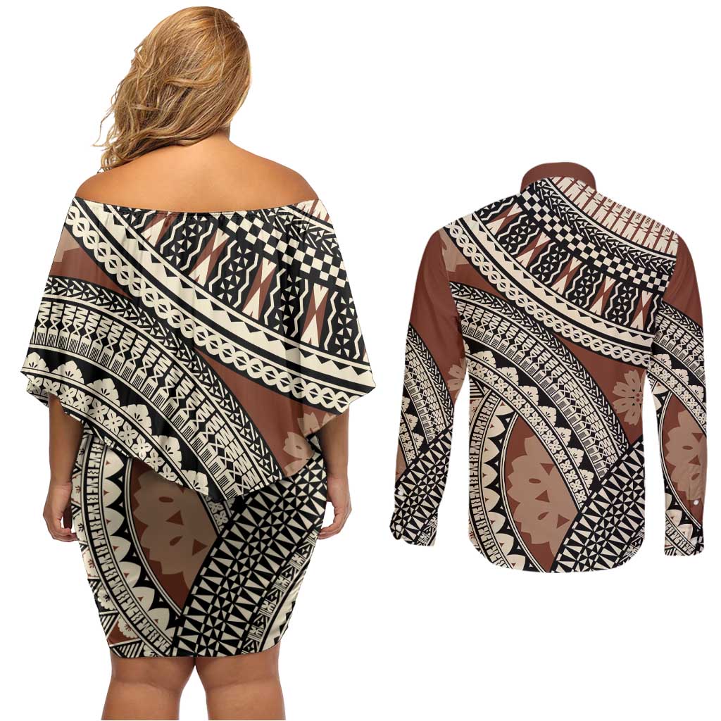 Bula Fiji Classic Masi Tapa Couples Matching Off Shoulder Short Dress and Long Sleeve Button Shirt Vintage Brown LT7 - Polynesian Pride