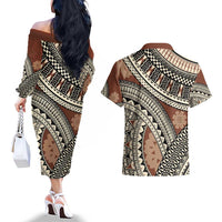Bula Fiji Classic Masi Tapa Couples Matching Off The Shoulder Long Sleeve Dress and Hawaiian Shirt Vintage Brown LT7 - Polynesian Pride