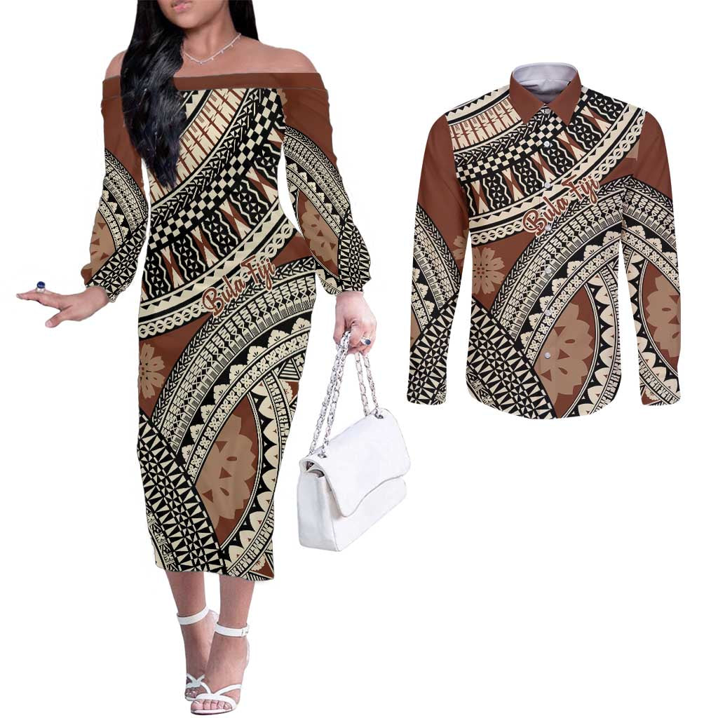 Bula Fiji Classic Masi Tapa Couples Matching Off The Shoulder Long Sleeve Dress and Long Sleeve Button Shirt Vintage Brown LT7 Brown - Polynesian Pride