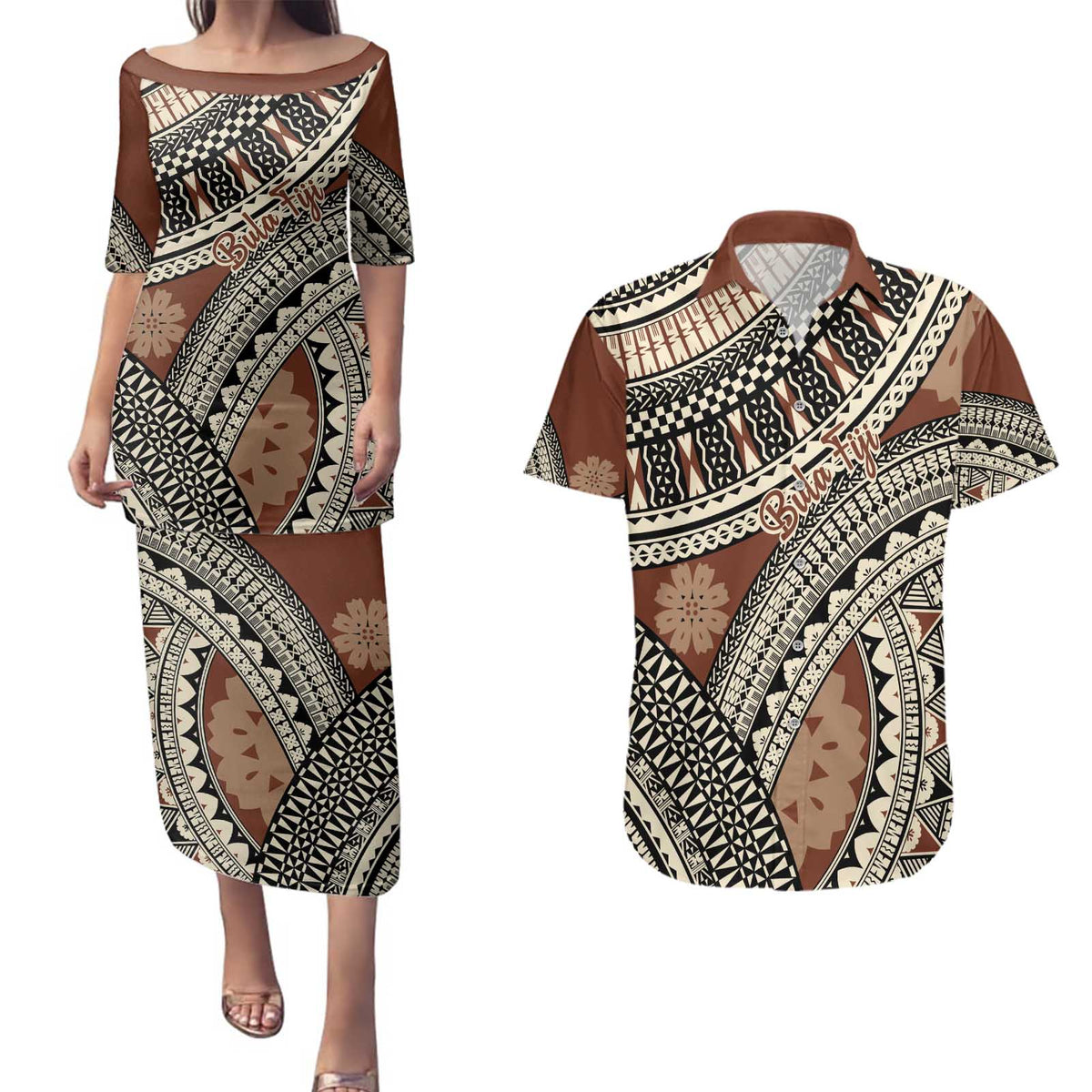 Bula Fiji Classic Masi Tapa Couples Matching Puletasi and Hawaiian Shirt Vintage Brown LT7 Brown - Polynesian Pride