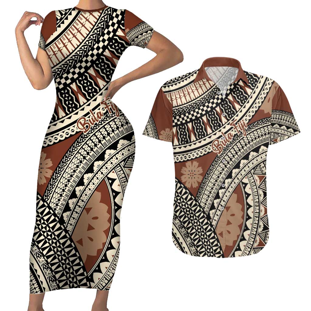 Bula Fiji Classic Masi Tapa Couples Matching Short Sleeve Bodycon Dress and Hawaiian Shirt Vintage Brown LT7 Brown - Polynesian Pride