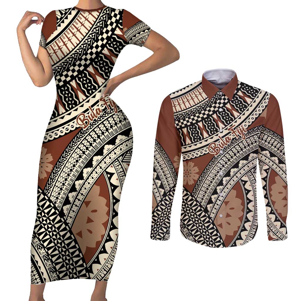 Bula Fiji Classic Masi Tapa Couples Matching Short Sleeve Bodycon Dress and Long Sleeve Button Shirt Vintage Brown LT7 Brown - Polynesian Pride