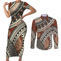 Bula Fiji Classic Masi Tapa Couples Matching Short Sleeve Bodycon Dress and Long Sleeve Button Shirt Vintage Brown LT7 Brown - Polynesian Pride