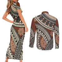 Bula Fiji Classic Masi Tapa Couples Matching Short Sleeve Bodycon Dress and Long Sleeve Button Shirt Vintage Brown LT7 - Polynesian Pride
