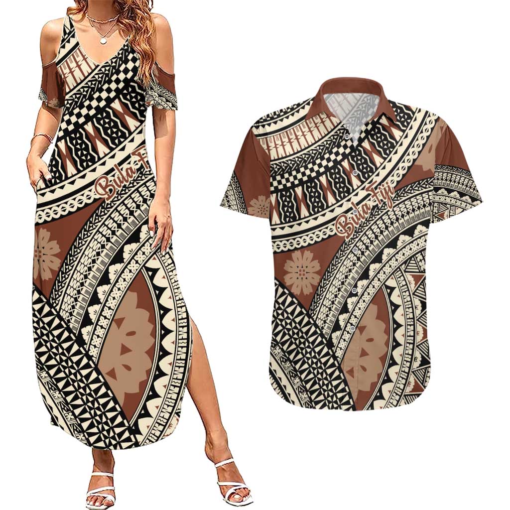 Bula Fiji Classic Masi Tapa Couples Matching Summer Maxi Dress and Hawaiian Shirt Vintage Brown LT7 Brown - Polynesian Pride