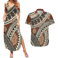 Bula Fiji Classic Masi Tapa Couples Matching Summer Maxi Dress and Hawaiian Shirt Vintage Brown LT7 Brown - Polynesian Pride