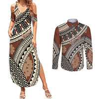Bula Fiji Classic Masi Tapa Couples Matching Summer Maxi Dress and Long Sleeve Button Shirt Vintage Brown LT7 Brown - Polynesian Pride