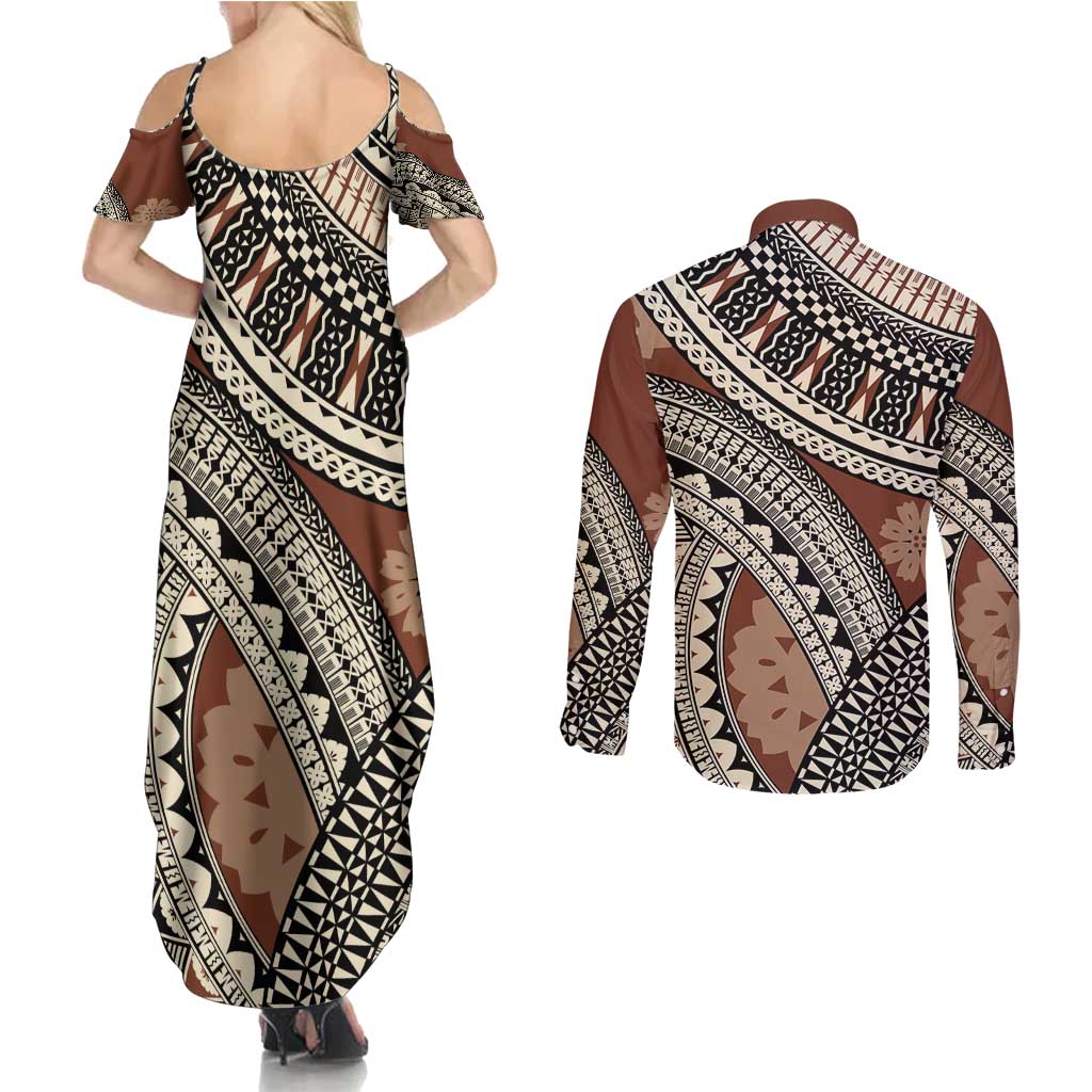Bula Fiji Classic Masi Tapa Couples Matching Summer Maxi Dress and Long Sleeve Button Shirt Vintage Brown LT7 - Polynesian Pride