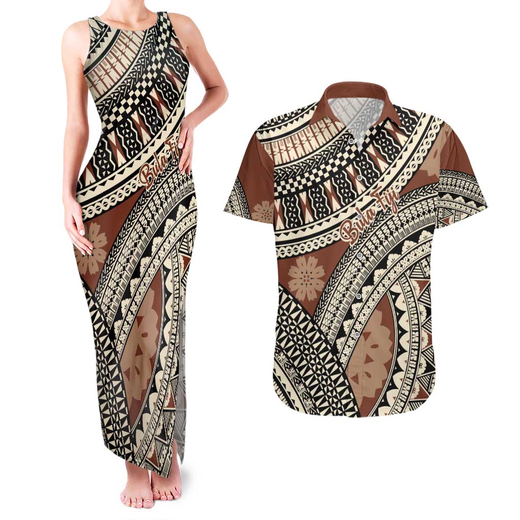 Bula Fiji Classic Masi Tapa Couples Matching Tank Maxi Dress and Hawaiian Shirt Vintage Brown LT7 Brown - Polynesian Pride