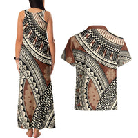 Bula Fiji Classic Masi Tapa Couples Matching Tank Maxi Dress and Hawaiian Shirt Vintage Brown LT7 - Polynesian Pride