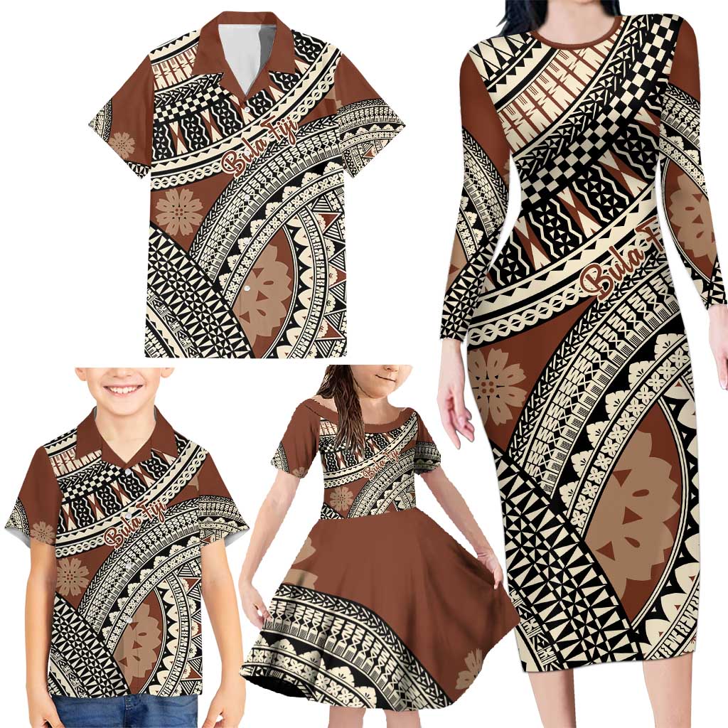 Bula Fiji Classic Masi Tapa Family Matching Long Sleeve Bodycon Dress and Hawaiian Shirt Vintage Brown LT7 - Polynesian Pride