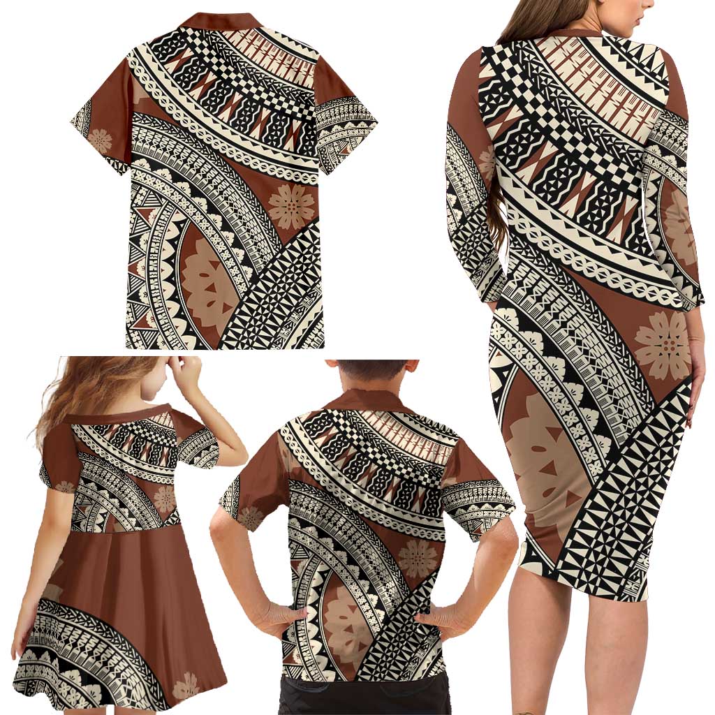 Bula Fiji Classic Masi Tapa Family Matching Long Sleeve Bodycon Dress and Hawaiian Shirt Vintage Brown LT7 - Polynesian Pride