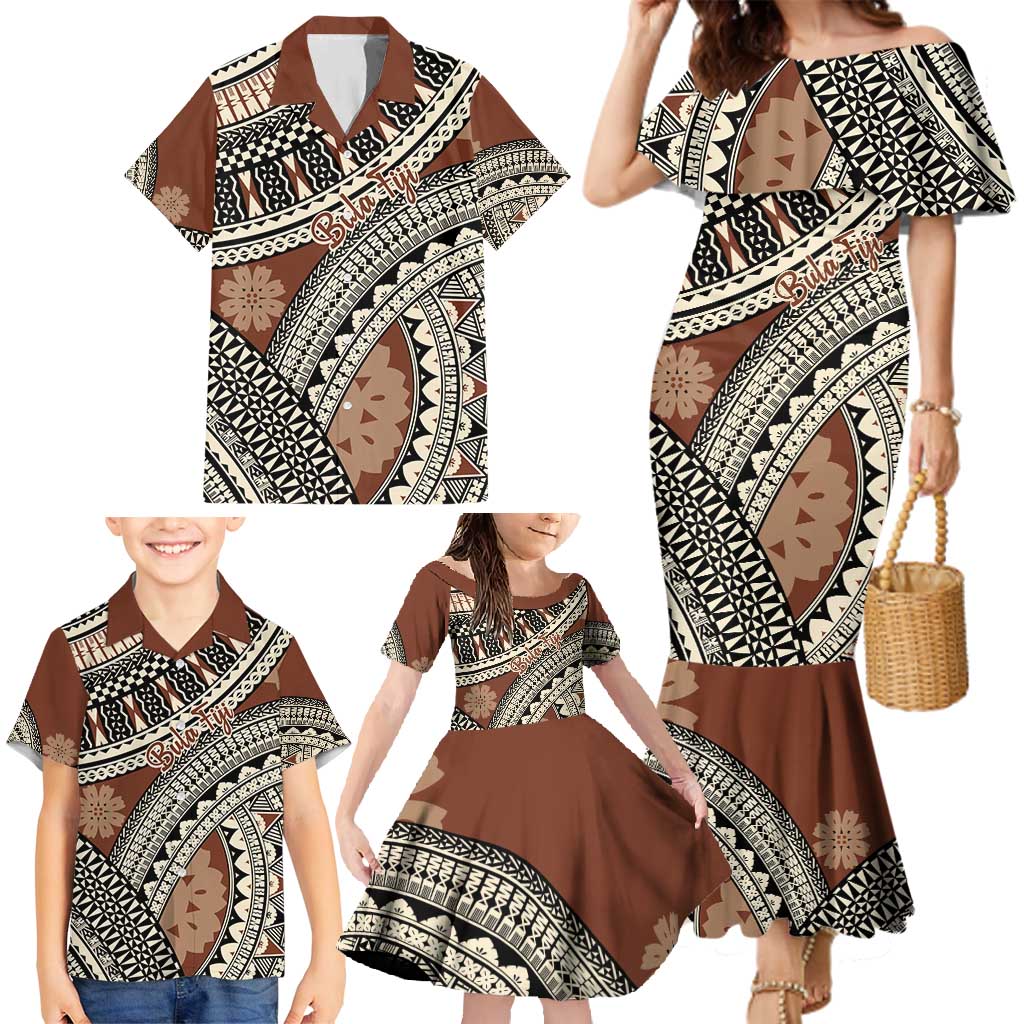 Bula Fiji Classic Masi Tapa Family Matching Mermaid Dress and Hawaiian Shirt Vintage Brown LT7 - Polynesian Pride