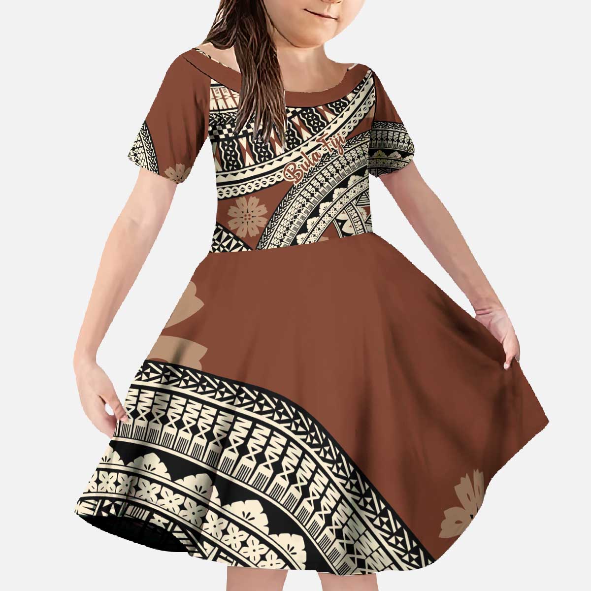 Bula Fiji Classic Masi Tapa Family Matching Off The Shoulder Long Sleeve Dress and Hawaiian Shirt Vintage Brown LT7 Daughter's Dress Brown - Polynesian Pride