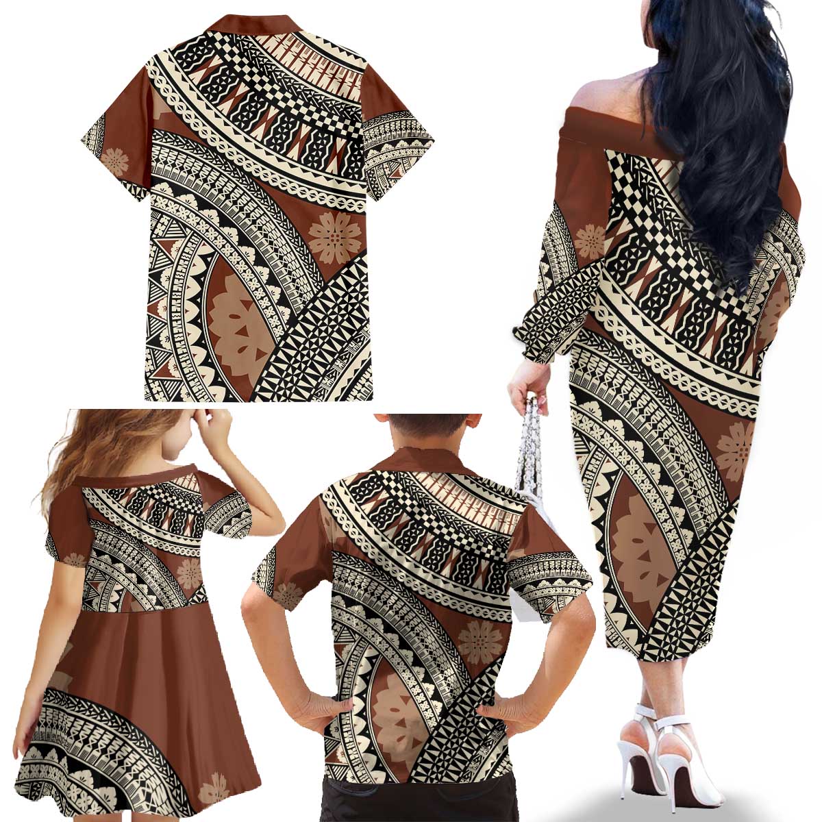 Bula Fiji Classic Masi Tapa Family Matching Off The Shoulder Long Sleeve Dress and Hawaiian Shirt Vintage Brown LT7 - Polynesian Pride