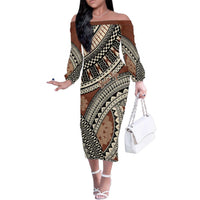 Bula Fiji Classic Masi Tapa Family Matching Off The Shoulder Long Sleeve Dress and Hawaiian Shirt Vintage Brown LT7 Mom's Dress Brown - Polynesian Pride