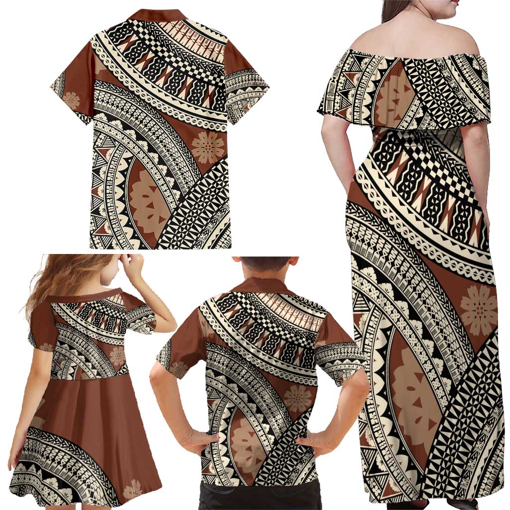 Bula Fiji Classic Masi Tapa Family Matching Off Shoulder Maxi Dress and Hawaiian Shirt Vintage Brown LT7 - Polynesian Pride