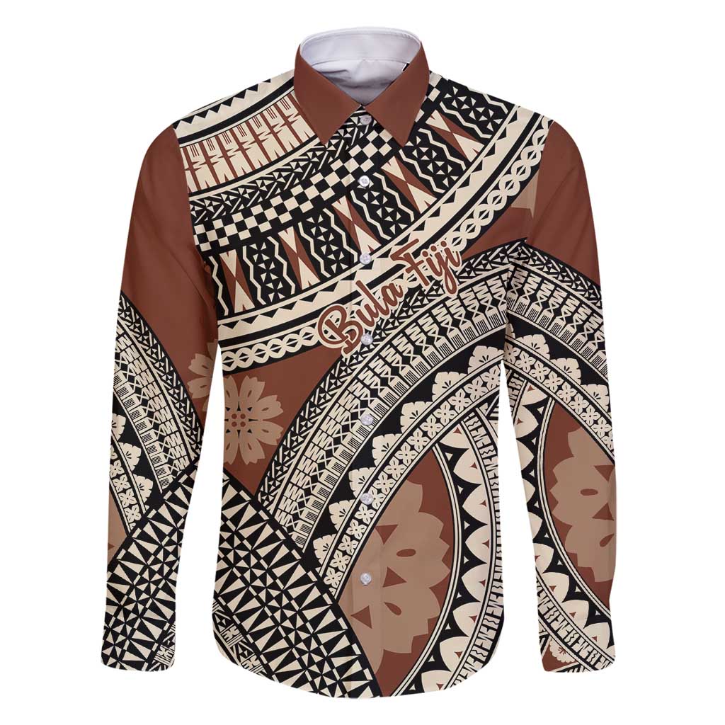 Bula Fiji Classic Masi Tapa Family Matching Off Shoulder Maxi Dress and Hawaiian Shirt Vintage Brown LT7 Dad's Shirt - Long Sleeve Brown - Polynesian Pride