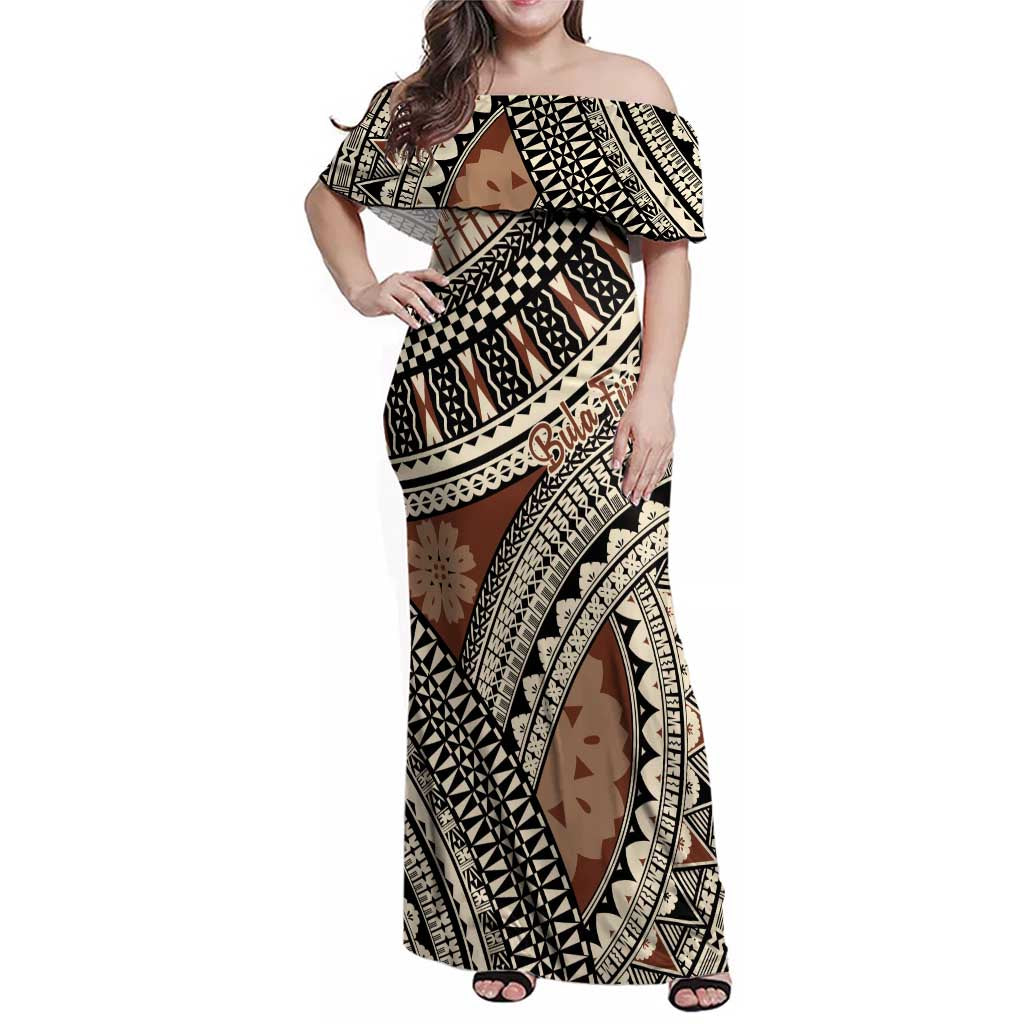 Bula Fiji Classic Masi Tapa Family Matching Off Shoulder Maxi Dress and Hawaiian Shirt Vintage Brown LT7 Mom's Dress Brown - Polynesian Pride