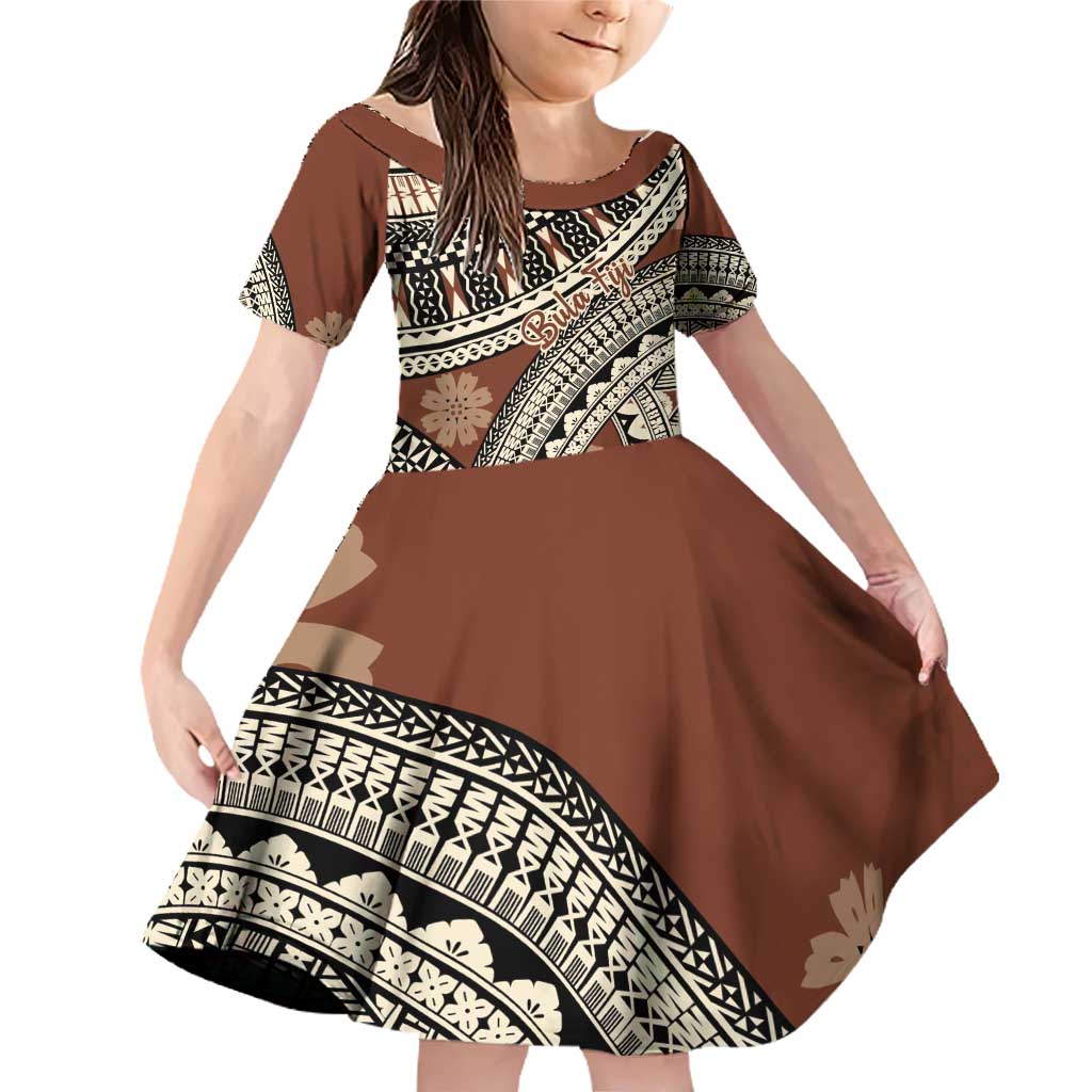 Bula Fiji Classic Masi Tapa Family Matching Off Shoulder Short Dress and Hawaiian Shirt Vintage Brown LT7 Daughter's Dress Brown - Polynesian Pride