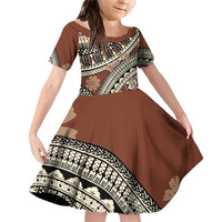Bula Fiji Classic Masi Tapa Family Matching Off Shoulder Short Dress and Hawaiian Shirt Vintage Brown LT7 Daughter's Dress Brown - Polynesian Pride