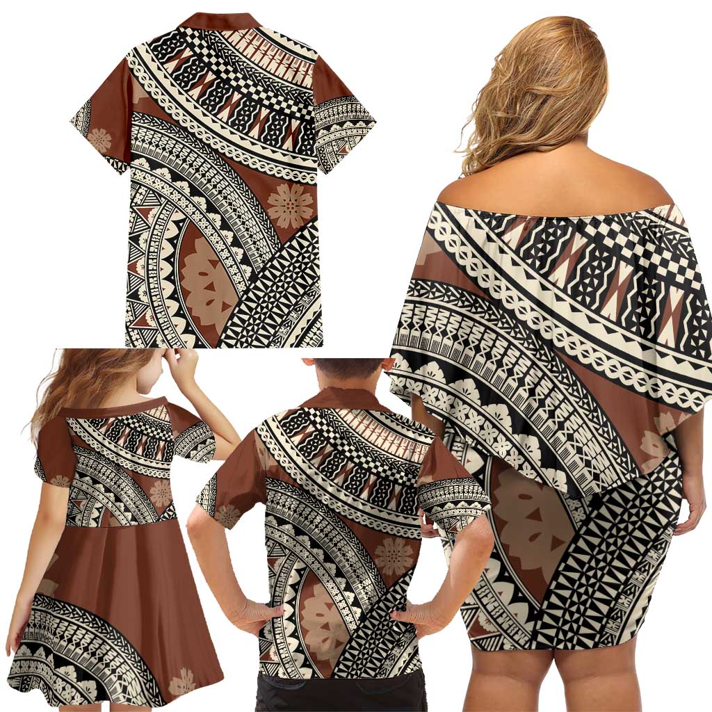 Bula Fiji Classic Masi Tapa Family Matching Off Shoulder Short Dress and Hawaiian Shirt Vintage Brown LT7 - Polynesian Pride