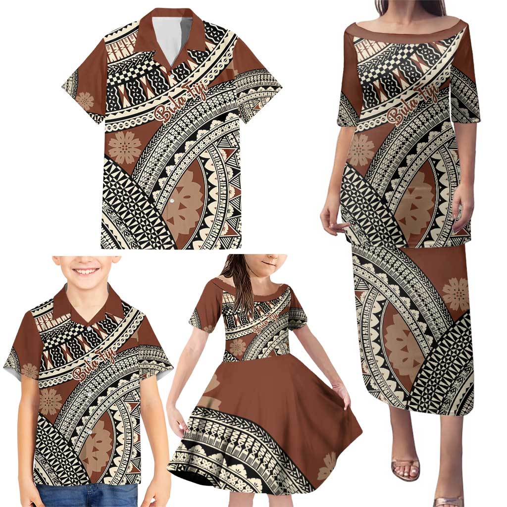 Bula Fiji Classic Masi Tapa Family Matching Puletasi and Hawaiian Shirt Vintage Brown LT7 - Polynesian Pride