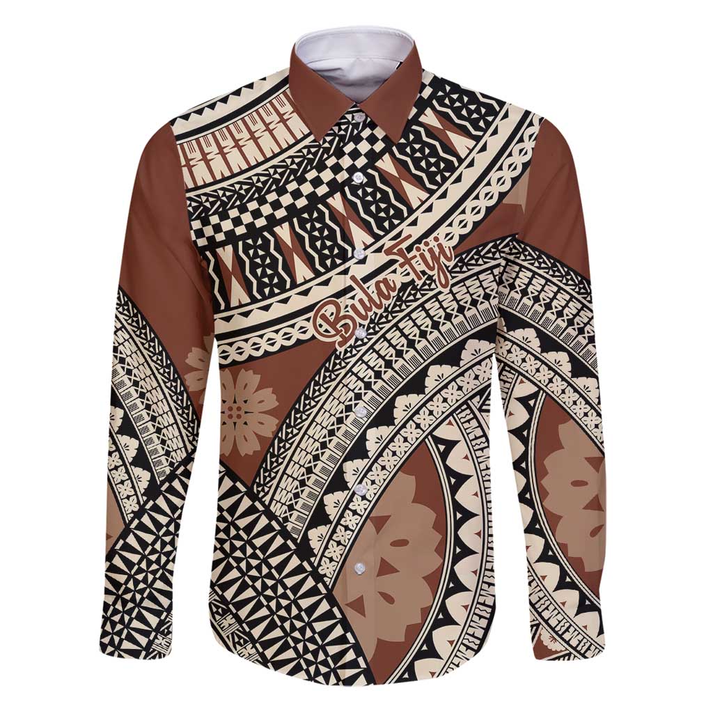Bula Fiji Classic Masi Tapa Family Matching Puletasi and Hawaiian Shirt Vintage Brown LT7 Dad's Shirt - Long Sleeve Brown - Polynesian Pride