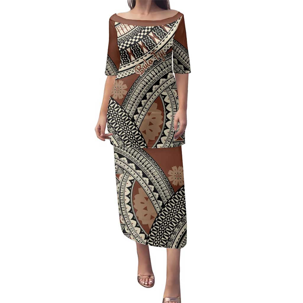 Bula Fiji Classic Masi Tapa Family Matching Puletasi and Hawaiian Shirt Vintage Brown LT7 Mom's Dress Brown - Polynesian Pride
