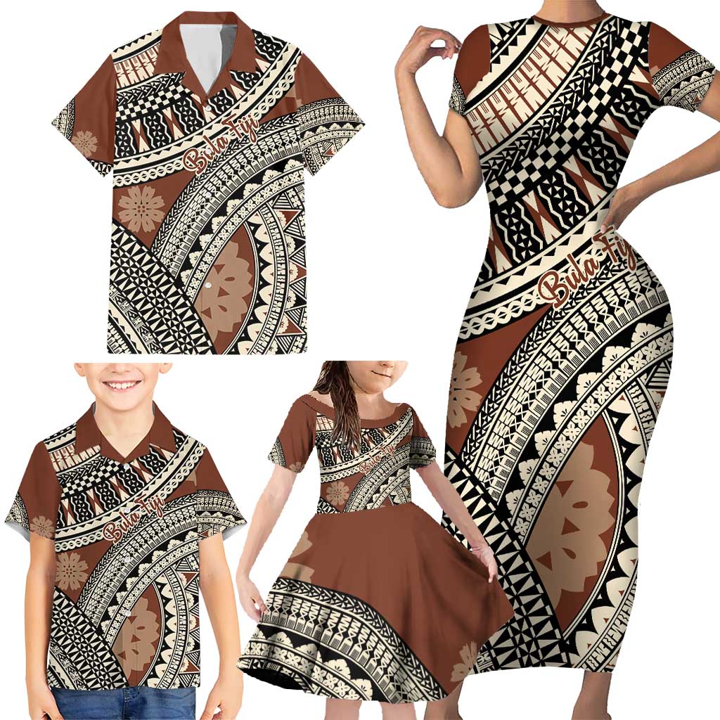 Bula Fiji Classic Masi Tapa Family Matching Short Sleeve Bodycon Dress and Hawaiian Shirt Vintage Brown LT7 - Polynesian Pride