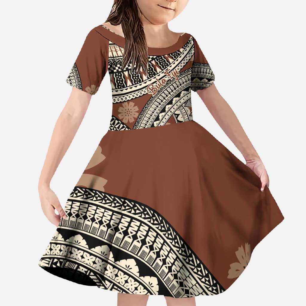 Bula Fiji Classic Masi Tapa Family Matching Summer Maxi Dress and Hawaiian Shirt Vintage Brown LT7 Daughter's Dress Brown - Polynesian Pride