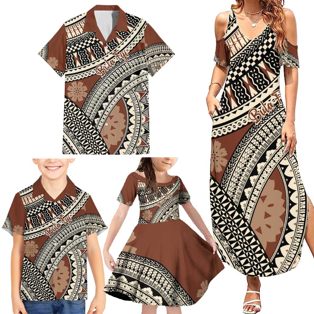 Bula Fiji Classic Masi Tapa Family Matching Summer Maxi Dress and Hawaiian Shirt Vintage Brown LT7 - Polynesian Pride