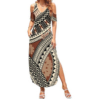 Bula Fiji Classic Masi Tapa Family Matching Summer Maxi Dress and Hawaiian Shirt Vintage Brown LT7 Mom's Dress Brown - Polynesian Pride