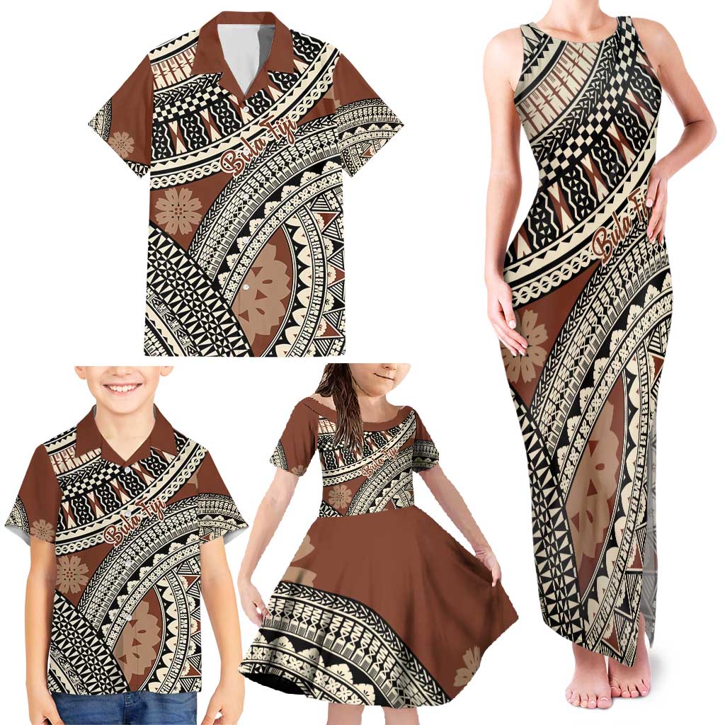 Bula Fiji Classic Masi Tapa Family Matching Tank Maxi Dress and Hawaiian Shirt Vintage Brown LT7 - Polynesian Pride