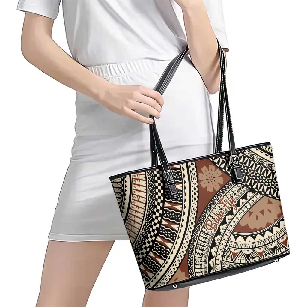 Bula Fiji Classic Masi Tapa Leather Tote Bag Vintage Brown - Polynesian Pride