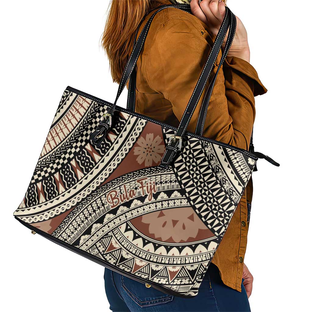 Bula Fiji Classic Masi Tapa Leather Tote Bag Vintage Brown - Polynesian Pride