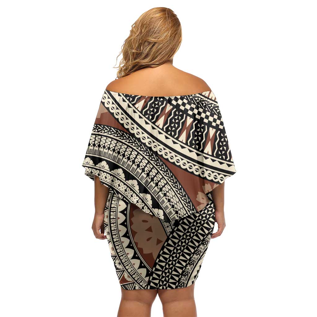 Bula Fiji Classic Masi Tapa Off Shoulder Short Dress Vintage Brown - Polynesian Pride