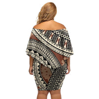 Bula Fiji Classic Masi Tapa Off Shoulder Short Dress Vintage Brown - Polynesian Pride