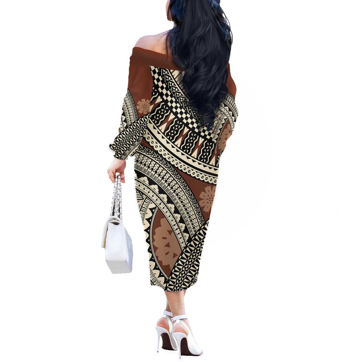 Bula Fiji Classic Masi Tapa Off The Shoulder Long Sleeve Dress Vintage Brown - Polynesian Pride