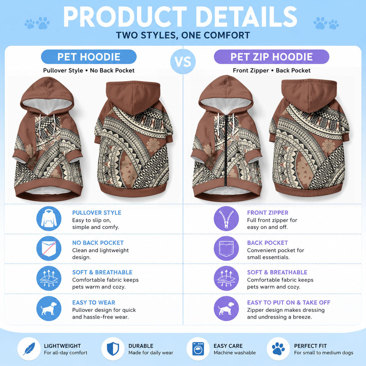 Bula Fiji Classic Masi Tapa Pet Hoodie Vintage Brown