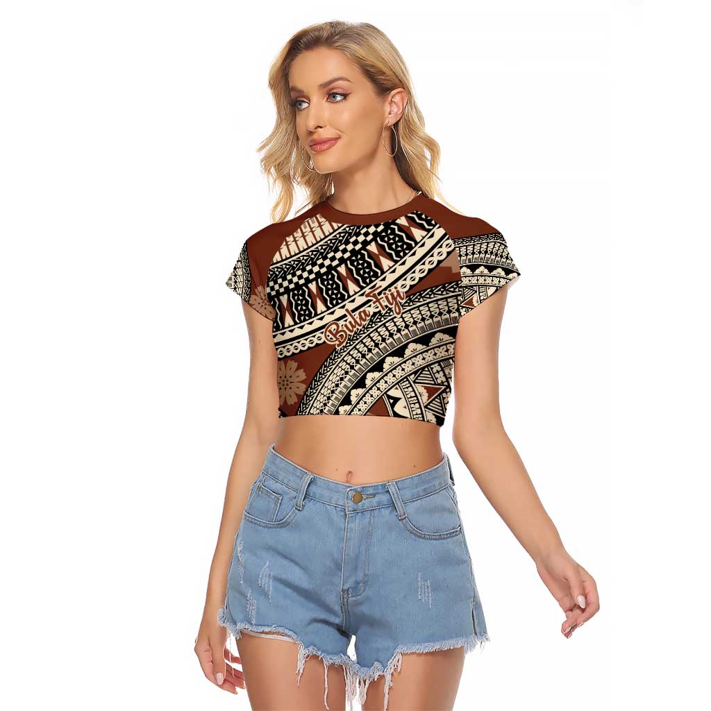 Bula Fiji Classic Masi Tapa Raglan Cropped T Shirt Vintage Brown - Polynesian Pride