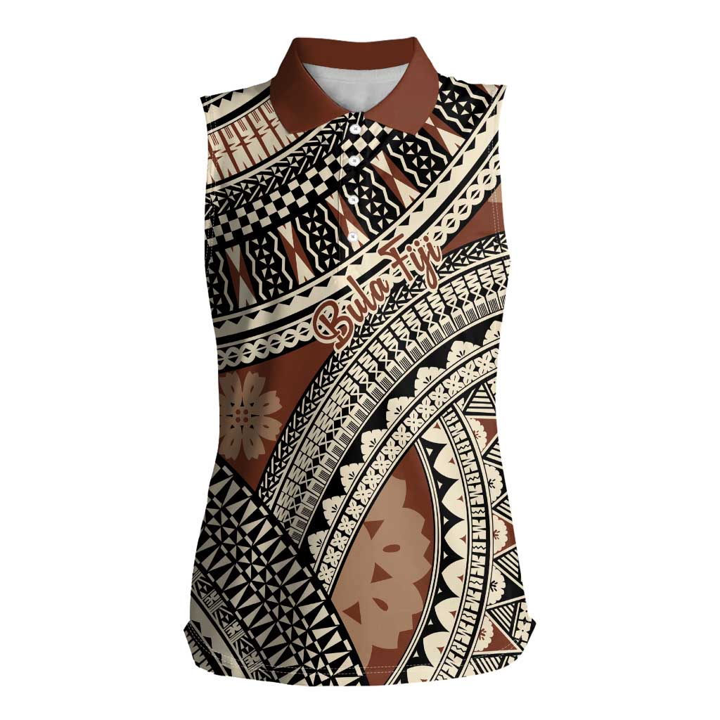 Bula Fiji Classic Masi Tapa Women Sleeveless Polo Shirt Vintage Brown LT7 Female Brown - Polynesian Pride