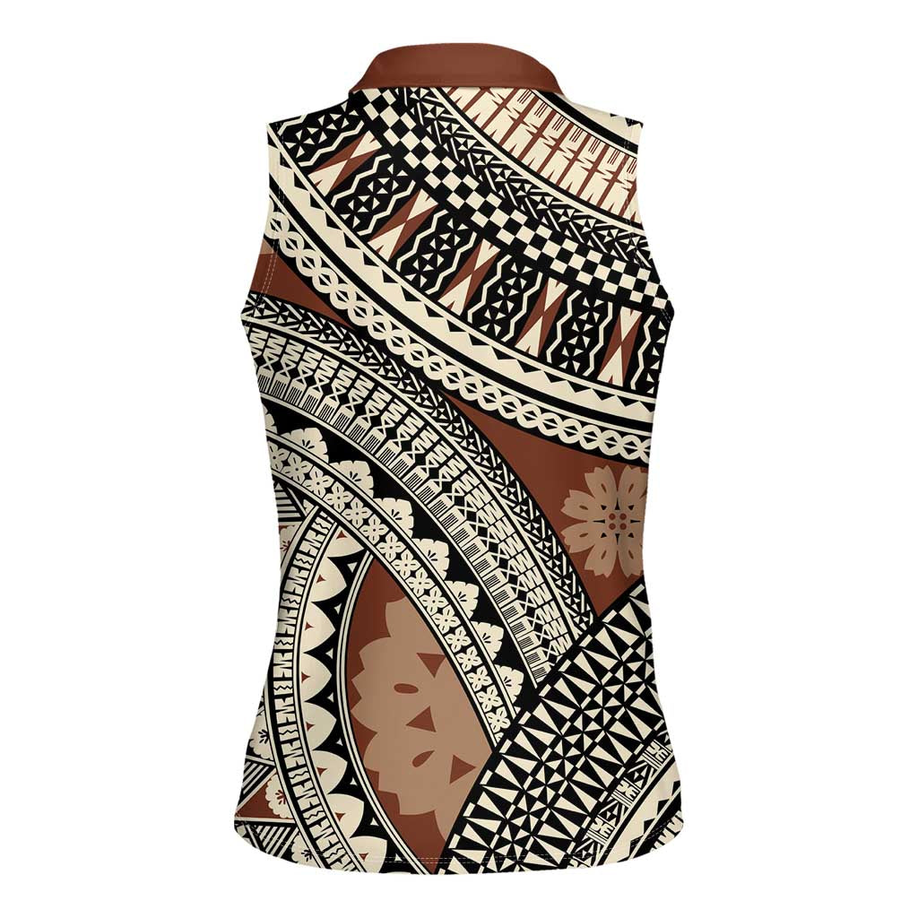 Bula Fiji Classic Masi Tapa Women Sleeveless Polo Shirt Vintage Brown LT7 - Polynesian Pride