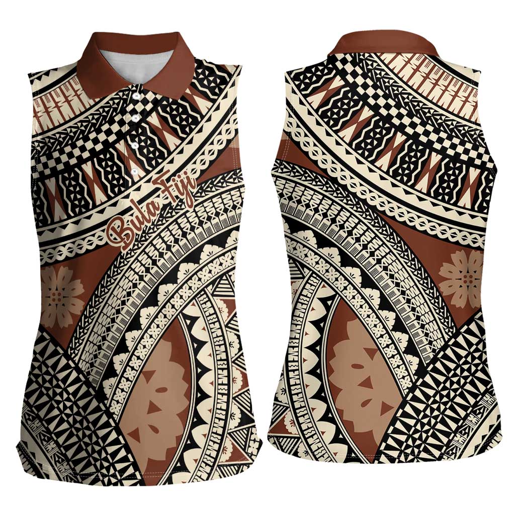 Bula Fiji Classic Masi Tapa Women Sleeveless Polo Shirt Vintage Brown LT7 - Polynesian Pride