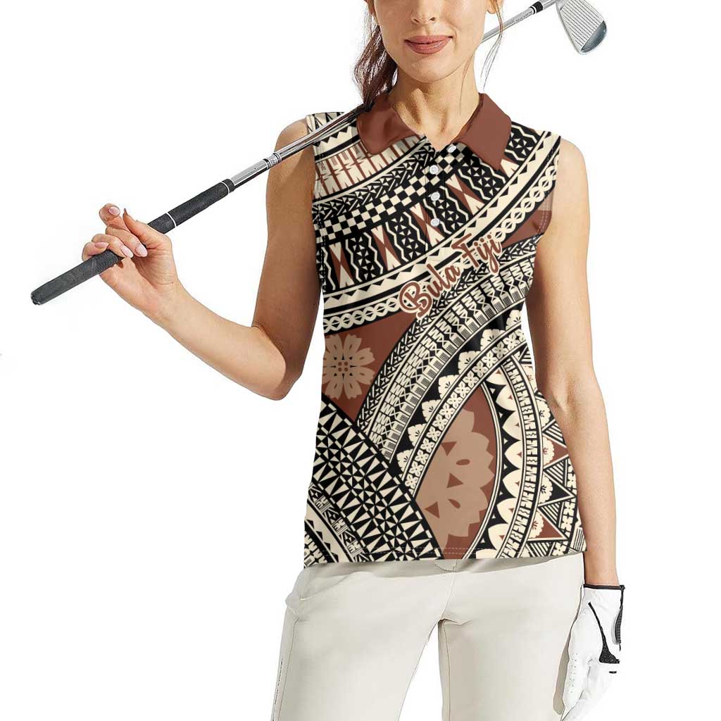 Bula Fiji Classic Masi Tapa Women Sleeveless Polo Shirt Vintage Brown LT7 - Polynesian Pride