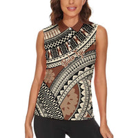 Bula Fiji Classic Masi Tapa Women Sleeveless Polo Shirt Vintage Brown LT7 - Polynesian Pride