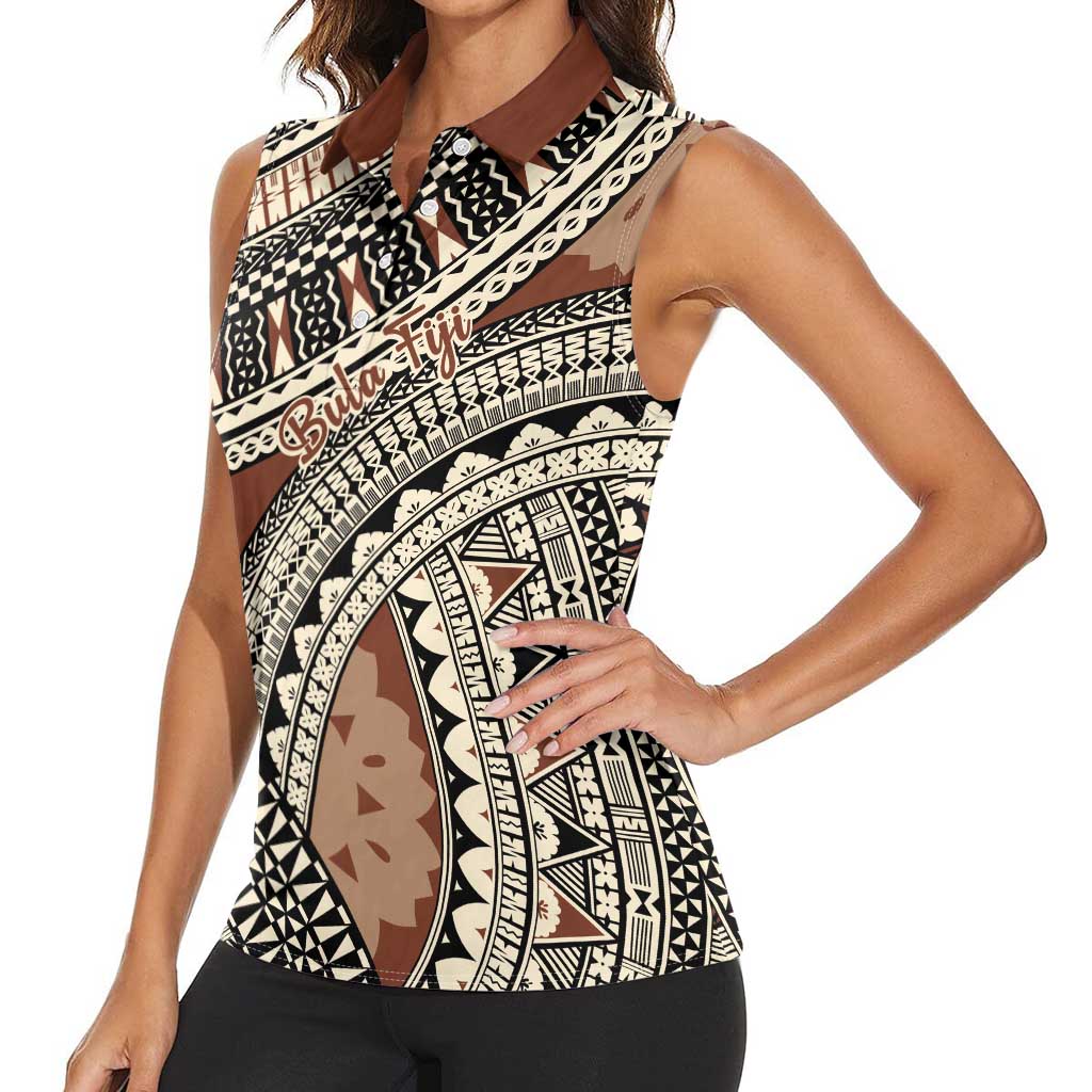 Bula Fiji Classic Masi Tapa Women Sleeveless Polo Shirt Vintage Brown LT7 - Polynesian Pride