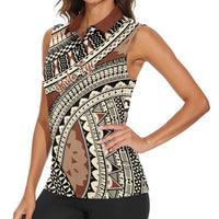 Bula Fiji Classic Masi Tapa Women Sleeveless Polo Shirt Vintage Brown LT7 - Polynesian Pride