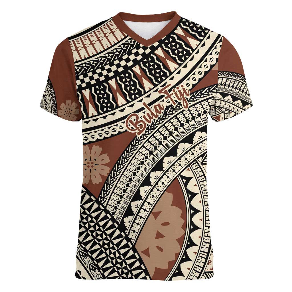 Bula Fiji Classic Masi Tapa Women V-Neck T-Shirt Vintage Brown LT7 Female Brown - Polynesian Pride